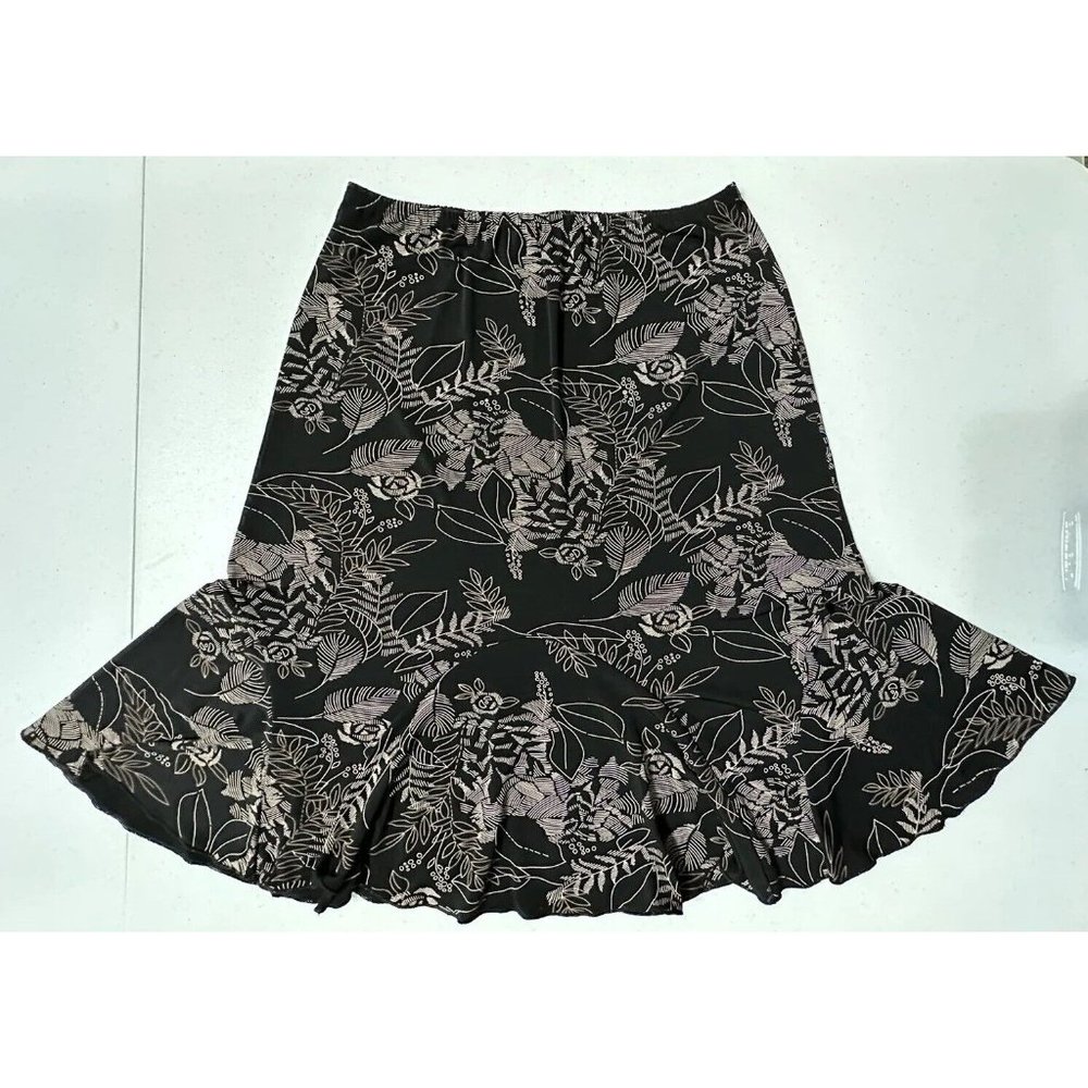 JKLA California Embroidered A Line Black Floral Skirt Ruffle Hem Stretch Sz M